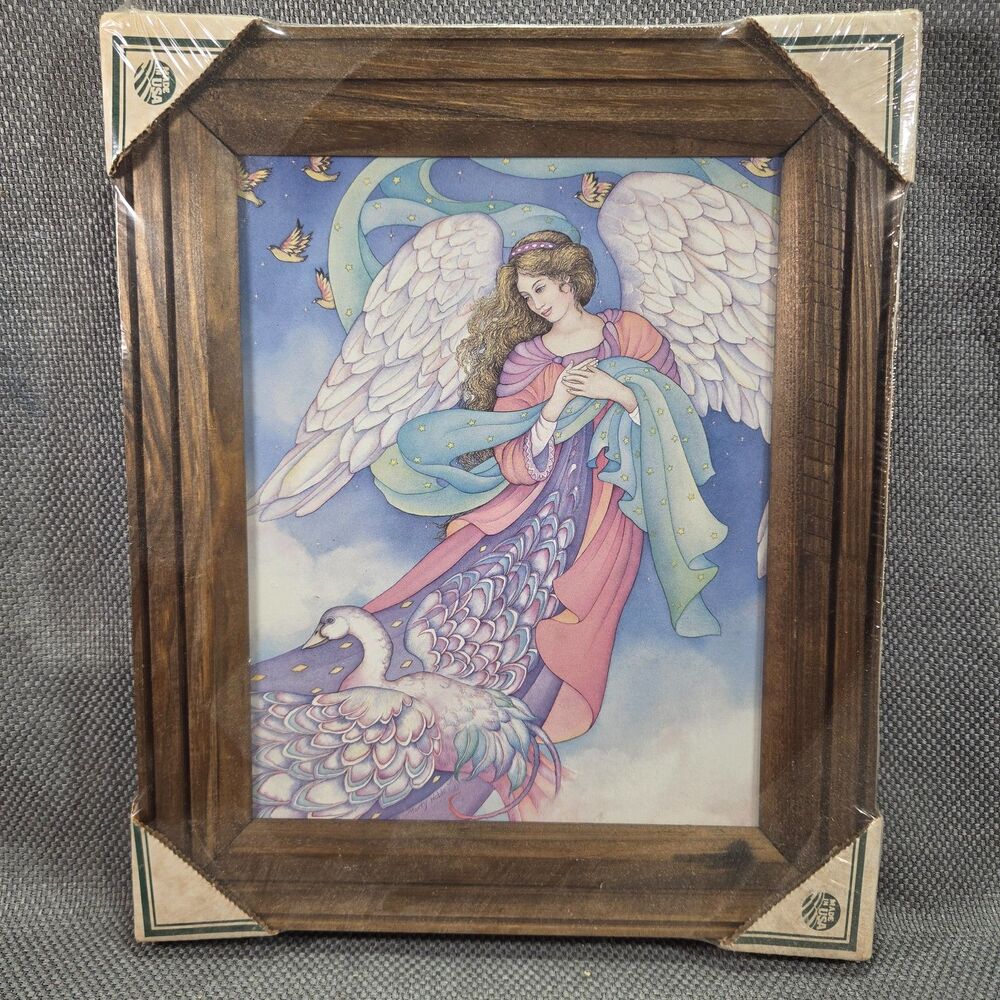 Vintage New Sealed Angel Swan Framed Art Print Colonial Design Inc 11x14